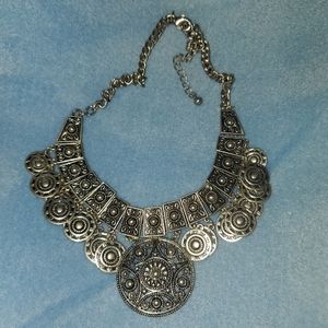 Tribal Silver Tone Coin Medallion Necklace